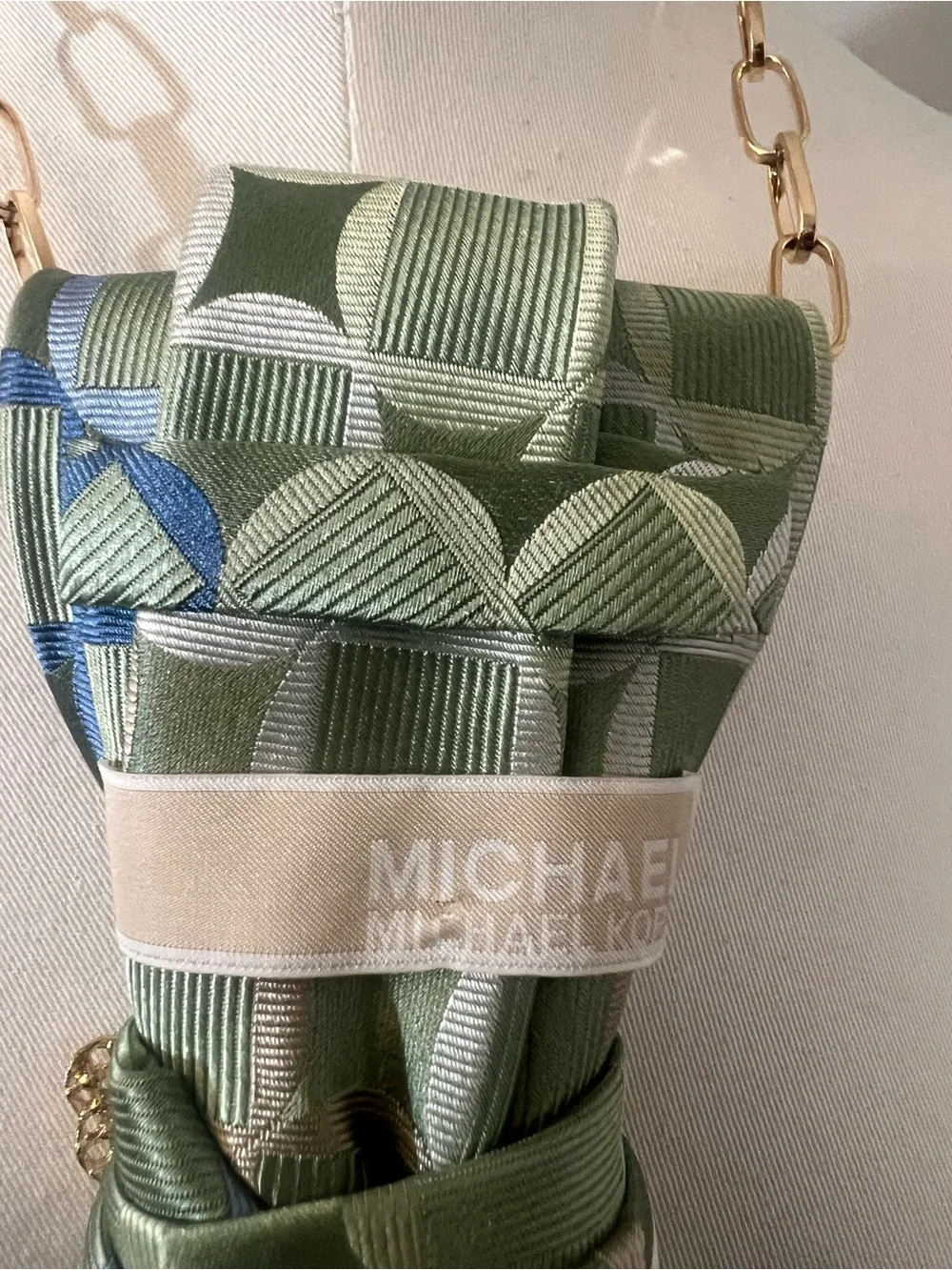 Green and Blue Patterned Silk Tie Necklace with Gold Butterfly Accent